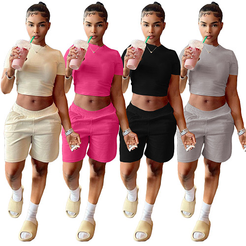 Solid Color Cropped T-shirt Stretch Shorts Two Piece Outfits NIYA-8047