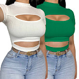 Women Sexy Mock Neck Short Sleeve Solid Color Slim Fit Knit Cut Out T-Shirt Crop Tops ANDI-0503