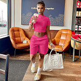 Solid Color Cropped T-shirt Stretch Shorts Two Piece Outfits NIYA-8047