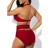 Women Sexy Scoop Neck Cutout Padded Bra Crop Top High Cut Solid Swimwear Two Piece Bikini Set BN-9277