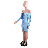Spring New Sexy Patchwork Solid Color Off Shoulder Long Sleeve Cross Strap Bodycon Mini Dress LX-5801