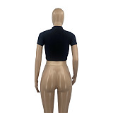 Women Sexy Mock Neck Short Sleeve Solid Color Slim Fit Knit Cut Out T-Shirt Crop Tops ANDI-0503