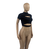Women Sexy Mock Neck Short Sleeve Solid Color Slim Fit Knit Cut Out T-Shirt Crop Tops ANDI-0503