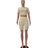 Solid Color Cropped T-shirt Stretch Shorts Two Piece Outfits NIYA-8047