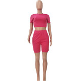 Solid Color Cropped T-shirt Stretch Shorts Two Piece Outfits NIYA-8047