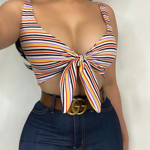Summer Original Design Sexy Strappy Striped Off Shoulder Sleeveless Bandage Skinny Vest Crop Top ANDI-0502