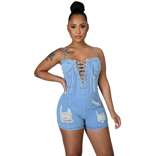 Women Sexy High Quality Sleeveless Spaghetti Straps Bodycon Bandage Summer Denim Romper LX-3001