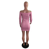 Spring New Sexy Patchwork Solid Color Off Shoulder Long Sleeve Cross Strap Bodycon Mini Dress LX-5801