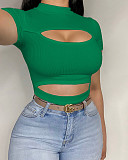 Women Sexy Mock Neck Short Sleeve Solid Color Slim Fit Knit Cut Out T-Shirt Crop Tops ANDI-0503