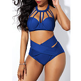 Women Sexy Scoop Neck Cutout Padded Bra Crop Top High Cut Solid Swimwear Two Piece Bikini Set BN-9277