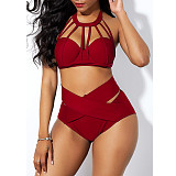 Women Sexy Scoop Neck Cutout Padded Bra Crop Top High Cut Solid Swimwear Two Piece Bikini Set BN-9277