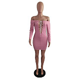Spring New Sexy Patchwork Solid Color Off Shoulder Long Sleeve Cross Strap Bodycon Mini Dress LX-5801
