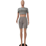 Solid Color Cropped T-shirt Stretch Shorts Two Piece Outfits NIYA-8047
