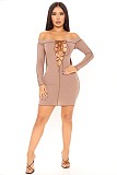 Spring New Sexy Patchwork Solid Color Off Shoulder Long Sleeve Cross Strap Bodycon Mini Dress LX-5801