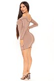 Spring New Sexy Patchwork Solid Color Off Shoulder Long Sleeve Cross Strap Bodycon Mini Dress LX-5801