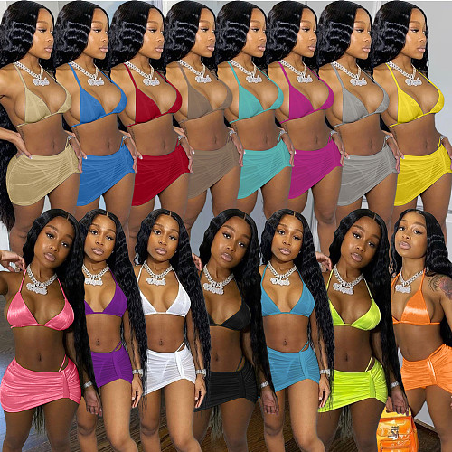 Summer Vacation 2021 Solid Color Halter Neck Beachwear Bra Tops+Bodycon Mini Skirts 2 Piece Bikini Set AL-200