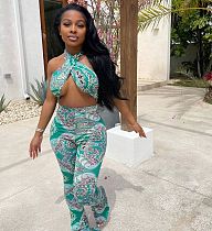 Paisley Print Women Hanging Neck Backless Crop Top Flare Pant Bodycon 2 Piece Matching Sets MK-3052