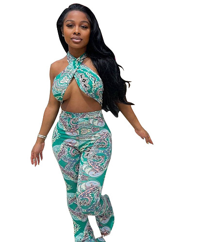 Paisley Print Women Hanging Neck Backless Crop Top Flare Pant Bodycon 2 Piece Matching Sets MK-3052