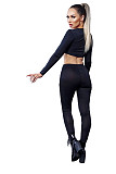 Women Spring Long Sleeve Solid Drawstring Front Rib-Knit Crop Top Leggings Slim Fit Two Piece Set WSY-5802