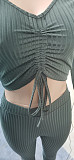 Women Spring Long Sleeve Solid Drawstring Front Rib-Knit Crop Top Leggings Slim Fit Two Piece Set WSY-5802