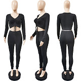 Women Spring Long Sleeve Solid Drawstring Front Rib-Knit Crop Top Leggings Slim Fit Two Piece Set WSY-5802