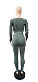 Women Spring Long Sleeve Solid Drawstring Front Rib-Knit Crop Top Leggings Slim Fit Two Piece Set WSY-5802