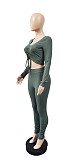 Women Spring Long Sleeve Solid Drawstring Front Rib-Knit Crop Top Leggings Slim Fit Two Piece Set WSY-5802