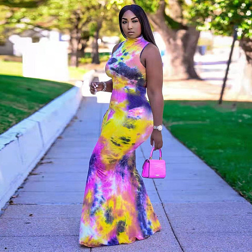 Summer Hot Style Women Tie Dye Print Sleeveless Turtleneck High Waist Skinny Long Dress MEY-2044