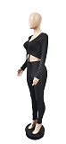 Women Spring Long Sleeve Solid Drawstring Front Rib-Knit Crop Top Leggings Slim Fit Two Piece Set WSY-5802