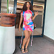 Sexy Tie Dye Print Drawstring Ruched Short Sleeve O-Neck Bodycon Mini Dress MEY-2042