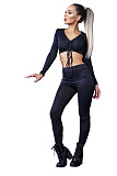 Women Spring Long Sleeve Solid Drawstring Front Rib-Knit Crop Top Leggings Slim Fit Two Piece Set WSY-5802
