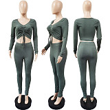 Women Spring Long Sleeve Solid Drawstring Front Rib-Knit Crop Top Leggings Slim Fit Two Piece Set WSY-5802