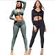 Women Spring Long Sleeve Solid Drawstring Front Rib-Knit Crop Top Leggings Slim Fit Two Piece Set WSY-5802