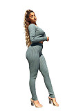 Women Spring Long Sleeve Solid Drawstring Front Rib-Knit Crop Top Leggings Slim Fit Two Piece Set WSY-5802