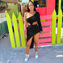 Sexy Women Asymmetry Casual One Shoulder Long Sleeve Crop Top Skirt Two Piece Outfits MEY-2047