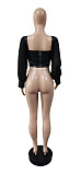 Solid Color Leather Patchwork Mesh Transparent Casual O-Neck Long Puff Sleeve Irregular Crop Tops WSY-5806