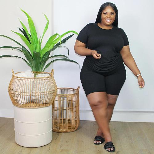 Plus Size Casual Solid Color Short Sleeve Round Neck T-Shirt Biker Shorts Two Piece Set FNN-8604