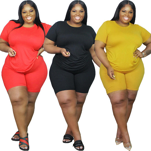 Plus Size Casual Solid Color Short Sleeve Round Neck T-Shirt Biker Shorts Two Piece Set FNN-8604