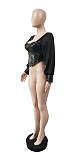Solid Color Leather Patchwork Mesh Transparent Casual O-Neck Long Puff Sleeve Irregular Crop Tops WSY-5806