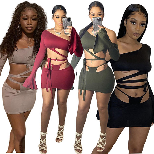 Summer Solid Color Skew Shoulder Flare Long Sleeve Hollow Out Bandage Crop Top  Mini Skirt 2 Piece Set OSM-4339