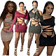 Summer Solid Color Skew Shoulder Flare Long Sleeve Hollow Out Bandage Crop Top  Mini Skirt 2 Piece Set OSM-4339