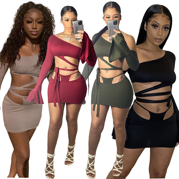 Summer Solid Color Skew Shoulder Flare Long Sleeve Hollow Out Bandage Crop Top Mini Skirt 2 Piece Set OSM-4339