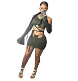 Summer Solid Color Skew Shoulder Flare Long Sleeve Hollow Out Bandage Crop Top  Mini Skirt 2 Piece Set OSM-4339
