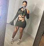 Summer Solid Color Skew Shoulder Flare Long Sleeve Hollow Out Bandage Crop Top  Mini Skirt 2 Piece Set OSM-4339