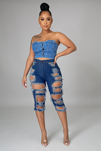 Women Sexy Streetwear Solid Color Skinny Stretch Ripped Hole High Waist Knee Length Pencil Jeans LA-3267