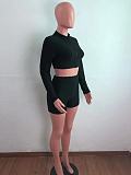 Women Solid Color Pineapple Grid Long Sleeve Zipper Crop Top Coat Slim Shorts Gym Sport 2 Piece Set OSM-4342