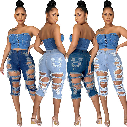 Women Sexy Streetwear Solid Color Skinny Stretch Ripped Hole High Waist Knee Length Pencil Jeans LA-3267