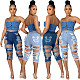 Women Sexy Streetwear Solid Color Skinny Stretch Ripped Hole High Waist Knee Length Pencil Jeans LA-3267