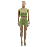 Sexy Sport Wear Solid Color Sleeveless V Neck Vest Crop Top Bodycon Shorts Two Piece Outfits ANDI-0501