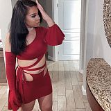 Summer Solid Color Skew Shoulder Flare Long Sleeve Hollow Out Bandage Crop Top  Mini Skirt 2 Piece Set OSM-4339